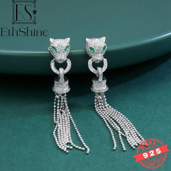 Jewelry - 925 Sterling Silver Leopard with Green Eyes Tassel Earrings